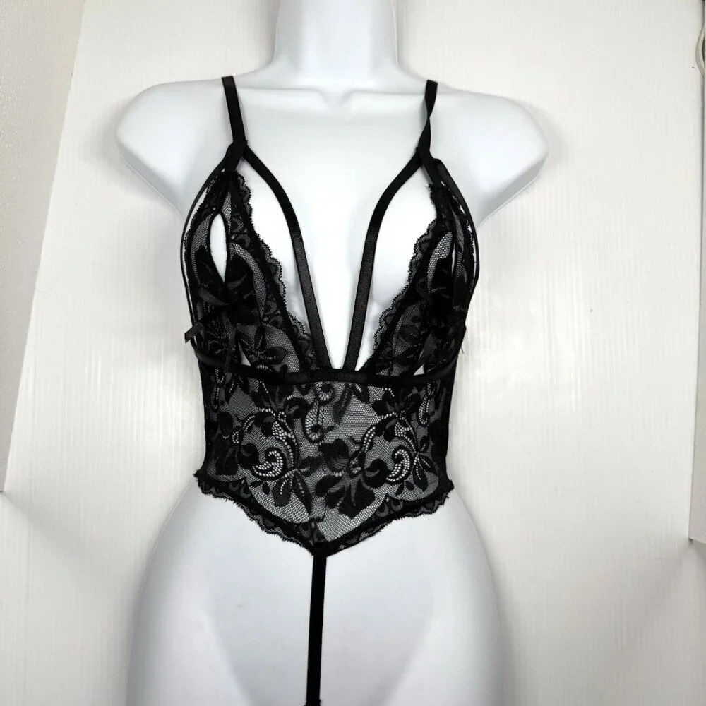 Oh La La Cheri Women's Black Adjustable Stretch Floral Lace Lingerie Size Small